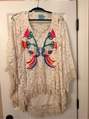 Judith March Cream Crochet Fringe dress with Multicolor Embroidered Birds